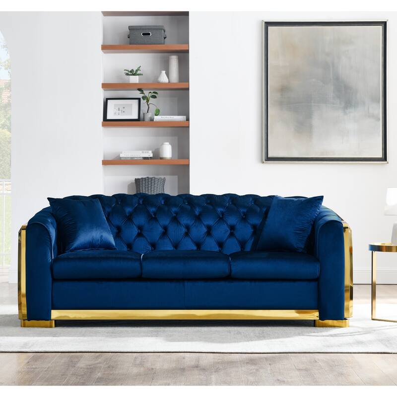 High-End European Design Velvet Chesterfield Sofa with Gold Stainless Steel Legs - 3-Seat Couch - Blue