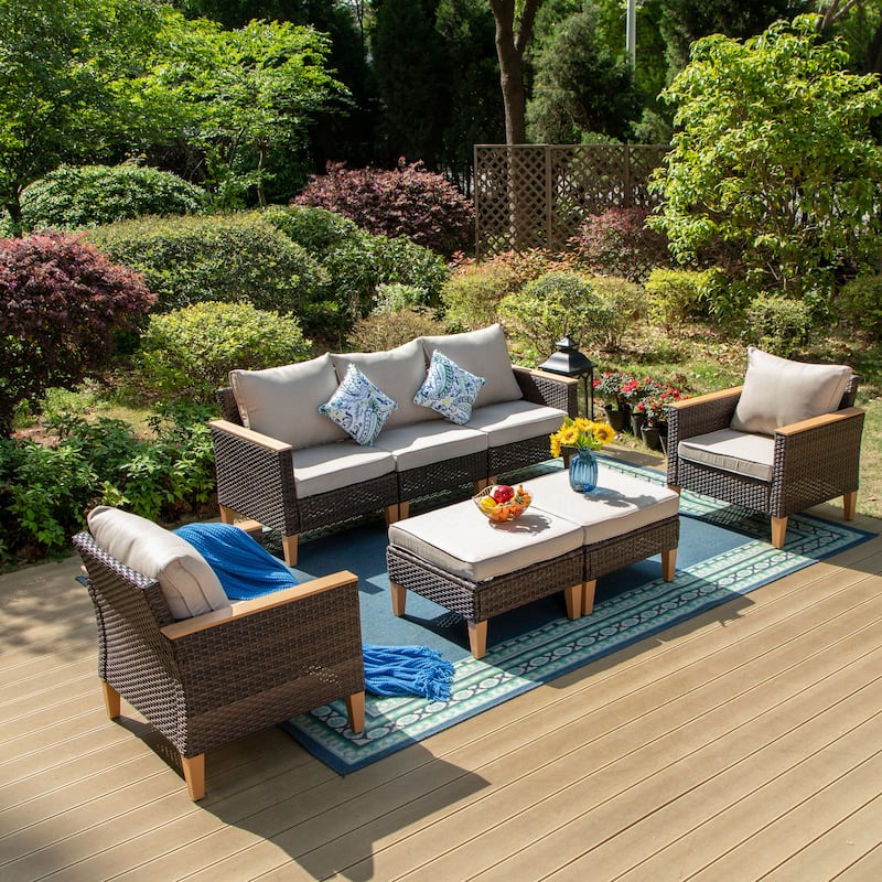 8-Piece Patio Outdoor Wicker Sectional Sofa Set, Large Seating Furniture Conversation Sets with Fire Pit Table