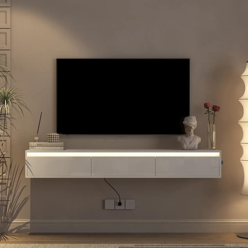 Floating TV Stand with Touch-Sensitive LED Light Strip, High-Gloss Cabinets, Modern Wall-Mounted Entertainment Center