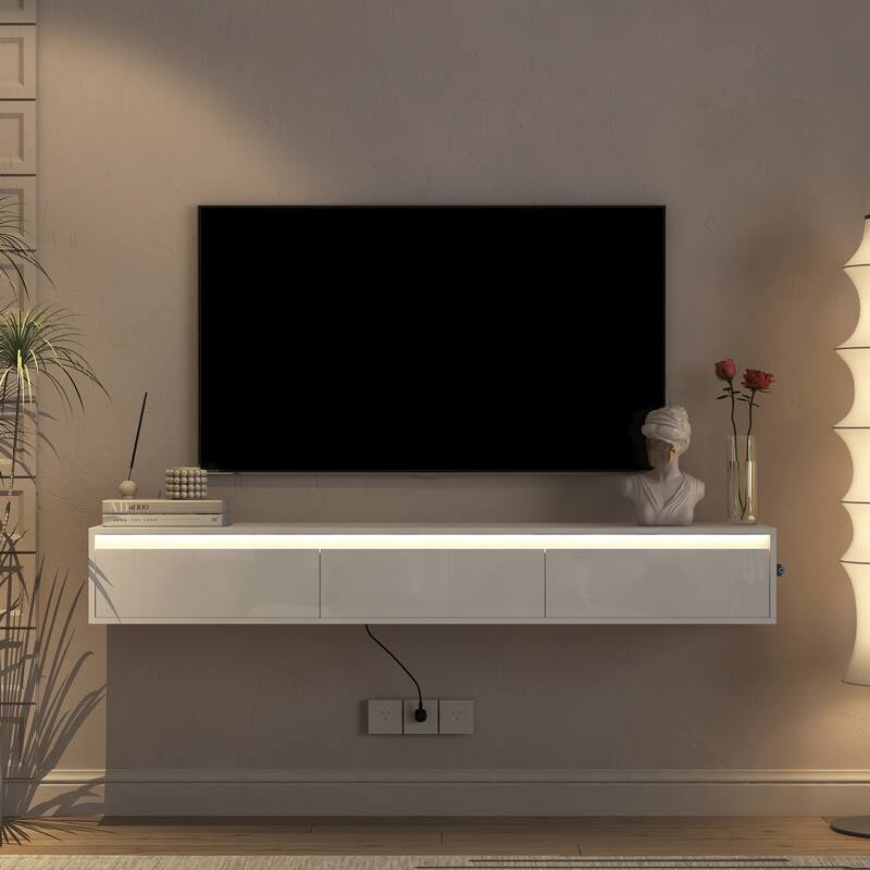 Modern Floating Wall-Mounted TV Stand High-Gloss TV Stand with LED Lights and Power Outlet, for Living Rooms