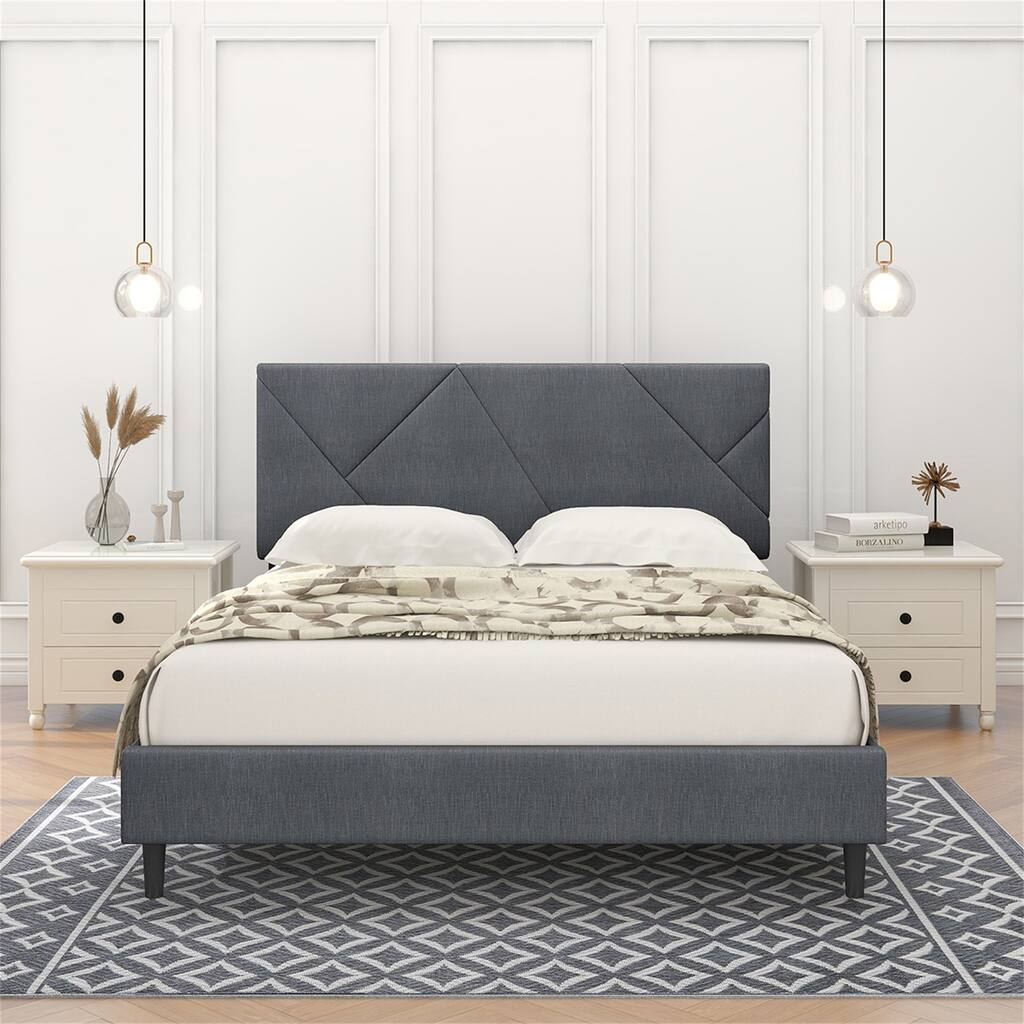 Full Size Linen Sqaure Upholstered Platform Bed with Slat Support