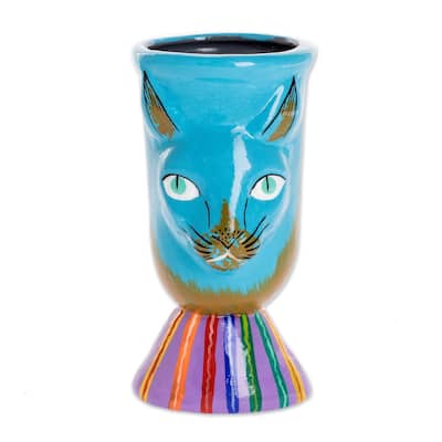 Novica Handmade Top Cat In Turquoise Ceramic Flower Pot
