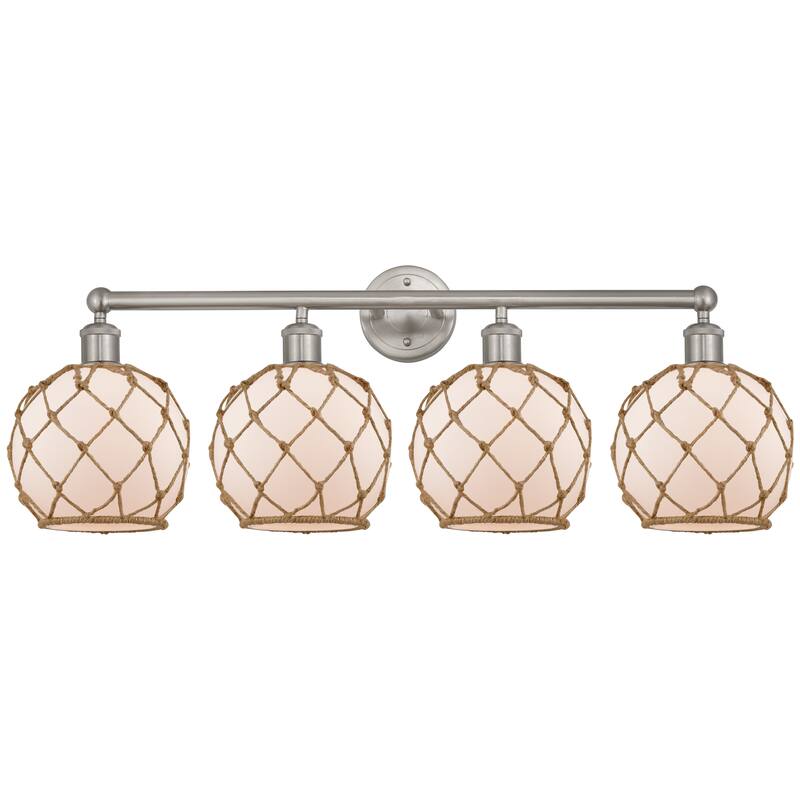 Innovations Lighting Endless Possibilities Edison - Farmhouse Rope - 4 Light 35" Bath Vanity Light - White Glass with Brown Rope/Brushed Satin Nickel