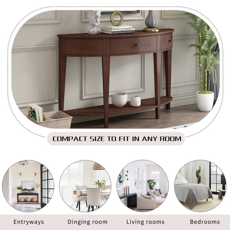 Half Moon Console Table with 3 Storage Drawers, Wood Sofa Table with Round Handles, Narrow Hallway Table with 1 Bottom Shelf