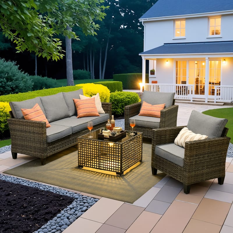 OVIOS 4 Pieces Patio Furniture Wicker Set with Solar-Powered Coffee Table - DarkGrey