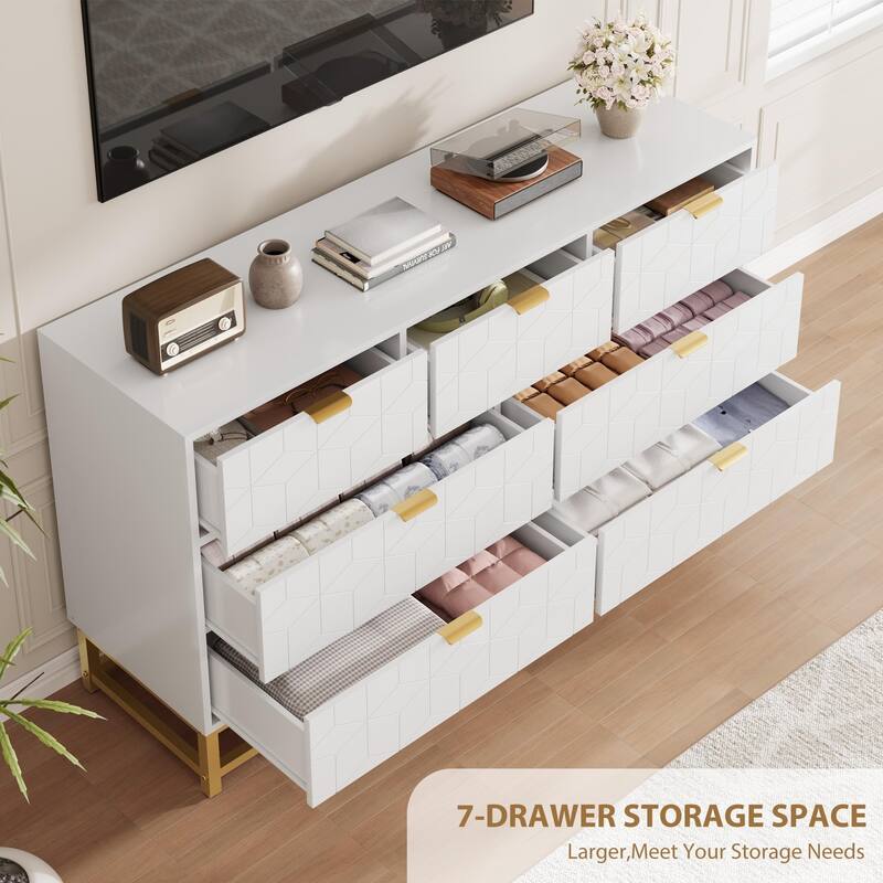 53.5" Wide 7-Drawer Dresser with Gold Metal Handles & Legs, Modern Storage Organizer for Bedroom or Hallway