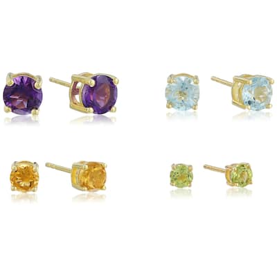 925 Sterling Silver African Amethyst,Sky Blue Topaz,Citrine,Peridot Set of 4 Studs Earrings
