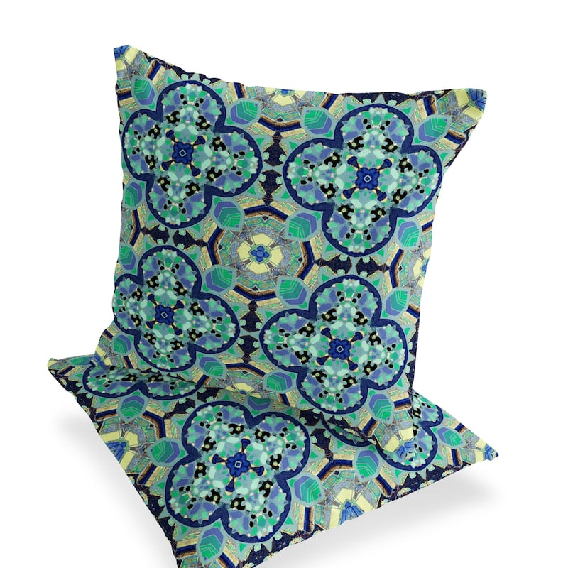 HomeRoots Set of Two 16" X 16" Blue and Green Blown Seam Floral Indoor Outdoor Throw Pillow - 16.00' X '16.00' X '5.00