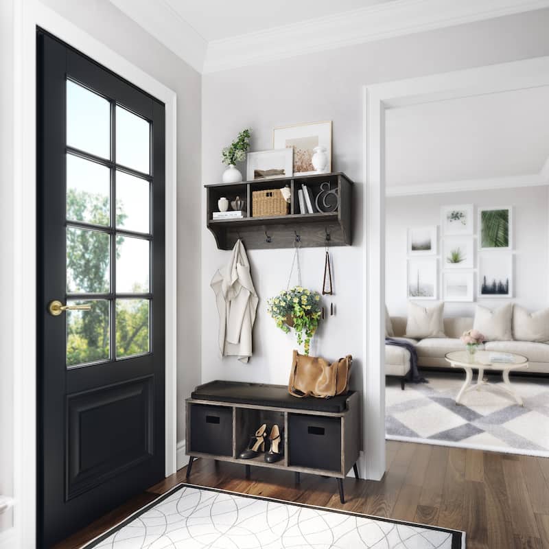 RiverRidge Woodbury Entryway Wall Coat Rack Storage with Hooks and Open Cubby Shelves for Hallway - Weathered Woodgrain
