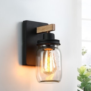 1-Light Black/Wood Tone Rustic Farmhouse Wall Sconce with Clear Mason Jar Glass Shade - 10"H x 4.7"W x 5.4"D