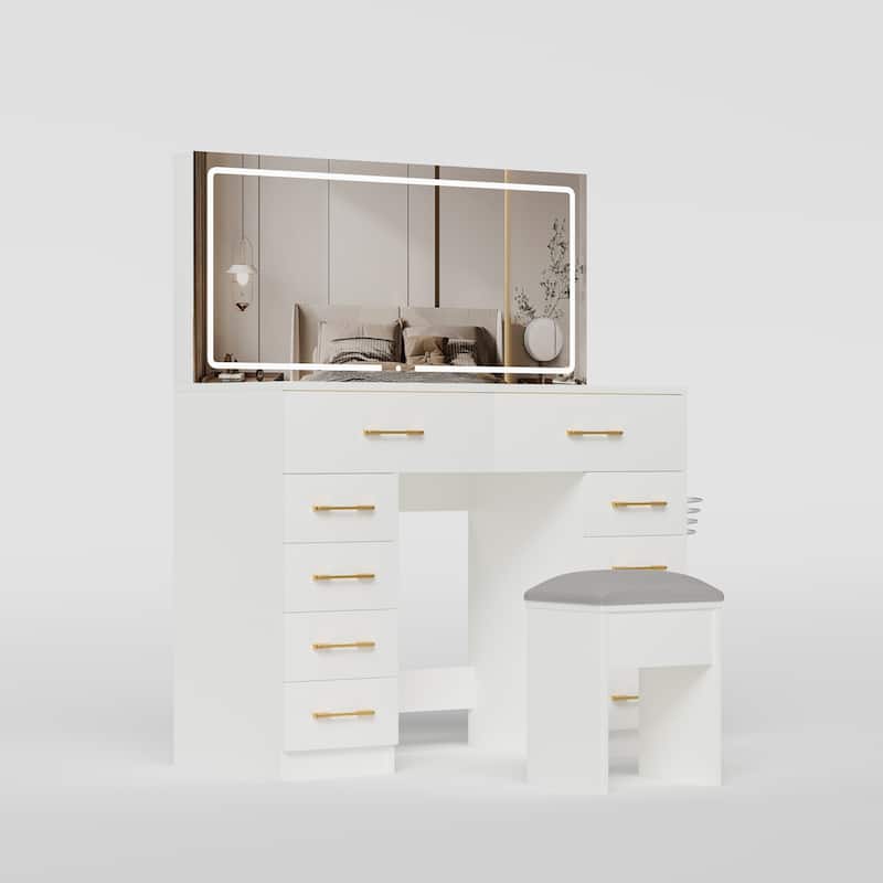 46"Glass Top Vanity Desk with 10 Drawers Makeup Vanity with Mirror and Stool,3 Lighting Modes Dressing Table,Silent Slides