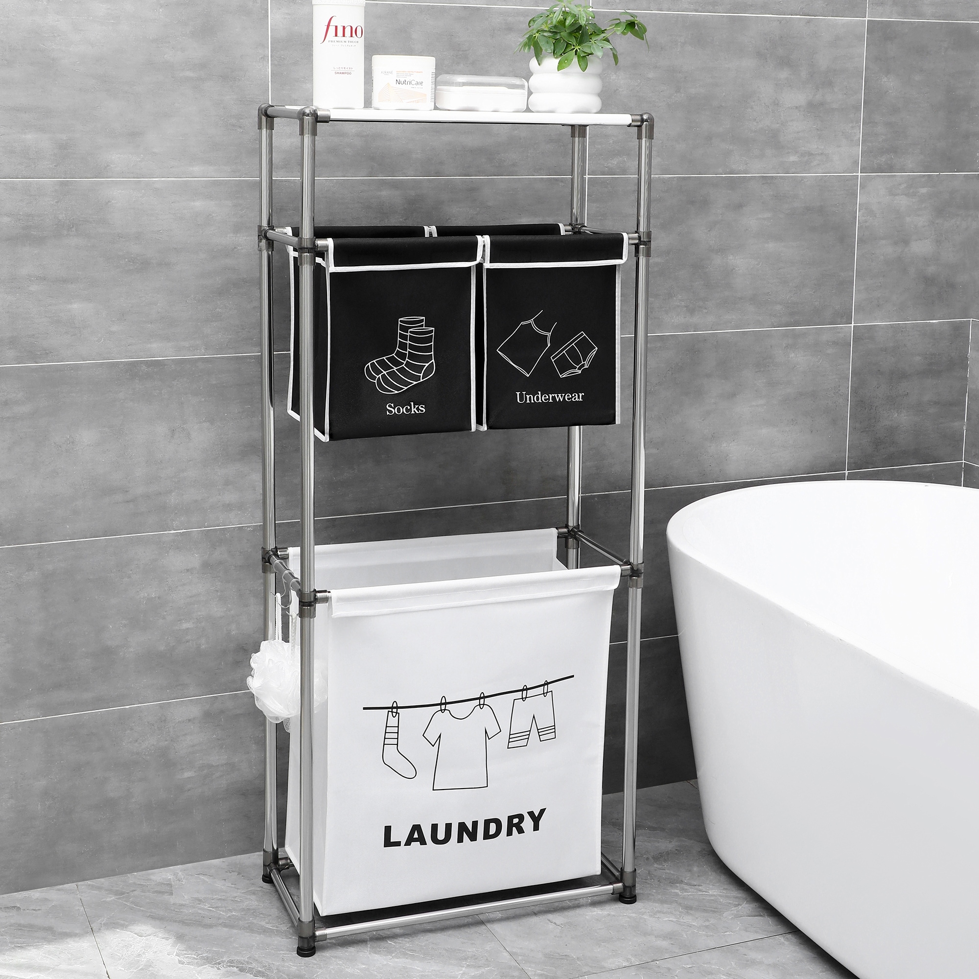 Towel rack deals with hamper