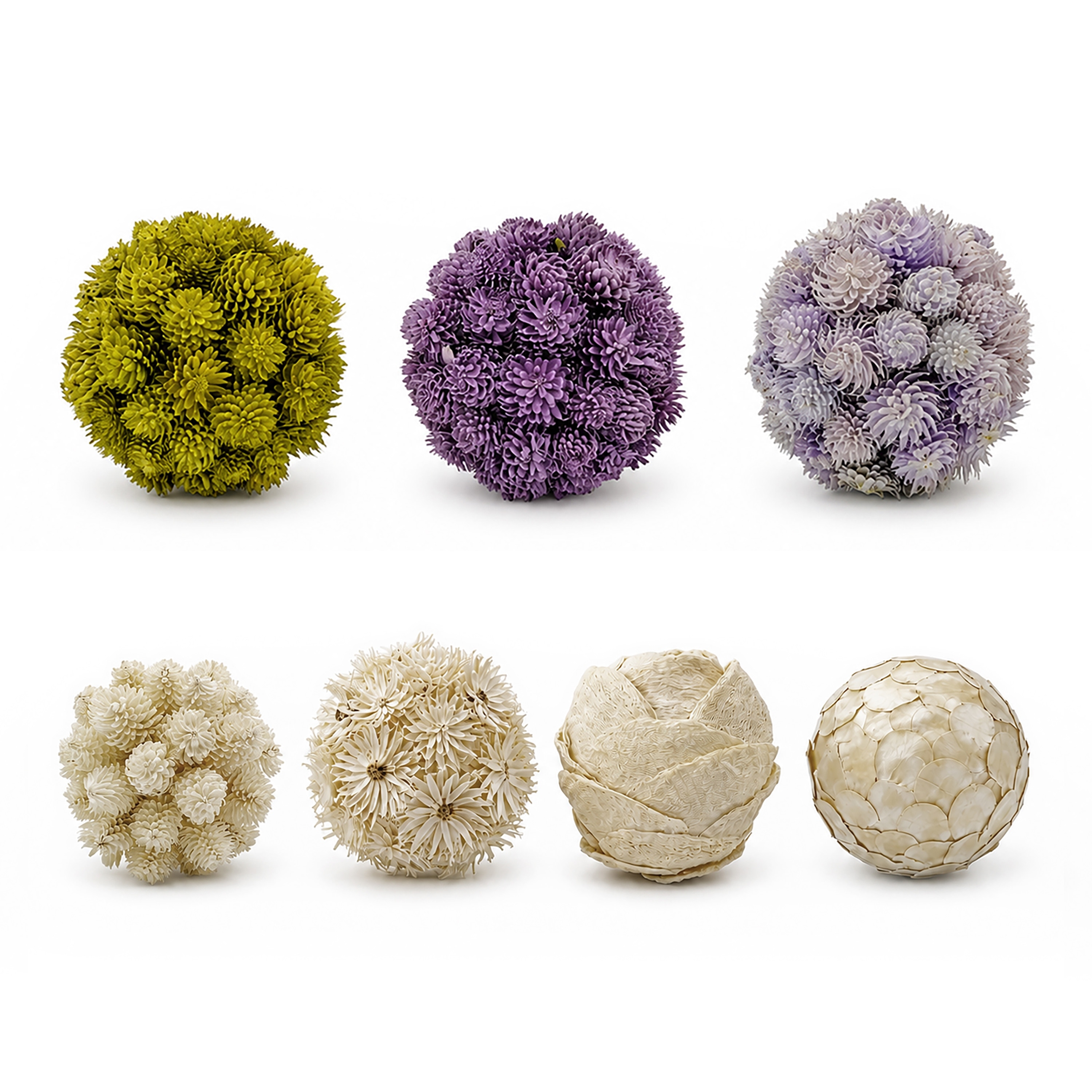 Handmade Preserved Topiary Balls – Decorative Floral & Botanical Orbs in White and Purple – Bowl Filler Set of 7