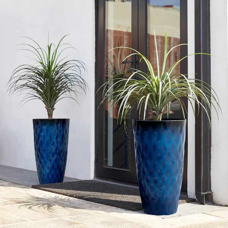Glitzhome 23.75"H Set of 2 Oversized Wavy Texture Cobalt Blue/Turquoise/Red Tall Plastic Planter - Cobalt Blue