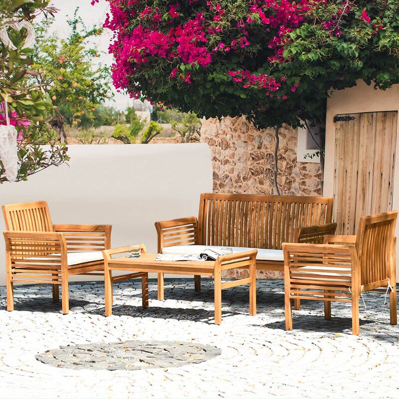 Costway 4 Piece Outdoor Acacia Wood Sofa Set with/without Teak Wood - as pic shows - See Details