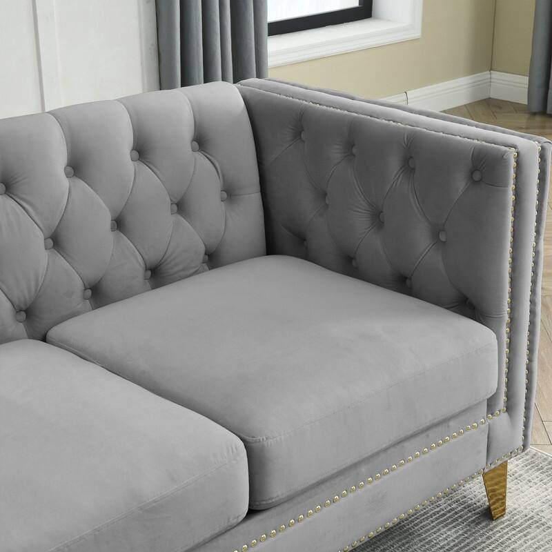 Luxury Velvet Upholstered Tufted Sofa with Arms,Living Room Couches with Metal Legs
