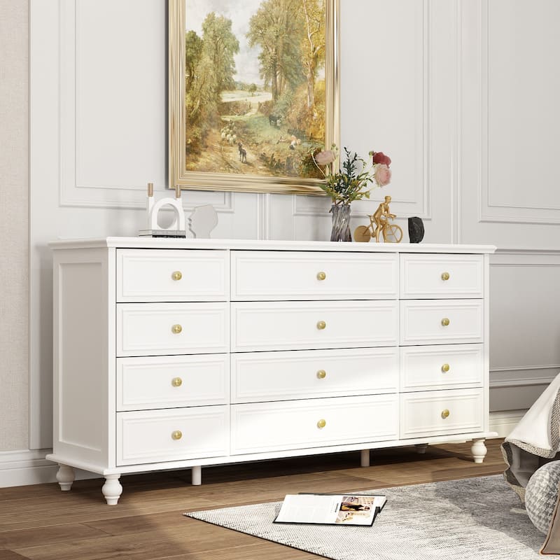 63" Wide 9/12 Drawer Dresser for Bedroom, Modern Farmhouse Double Dresser with Gold Knobs, Large Storage Chest