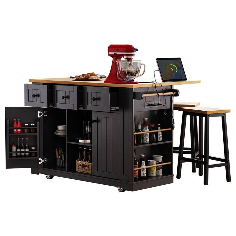 3-Piece/1 Piece Kitchen Island Set with/without 2 Bar Stools, Kitchen Cart on Wheels with 3 Drawers, Drop Leaf & Open Side Racks
