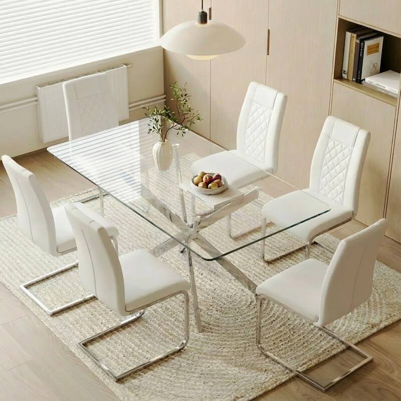 High-Back Dining Chairs Set of 6, PU Leather Modern Kitchen Chairs with Silver Legs for Home Furniture Dining & Kitchen Room