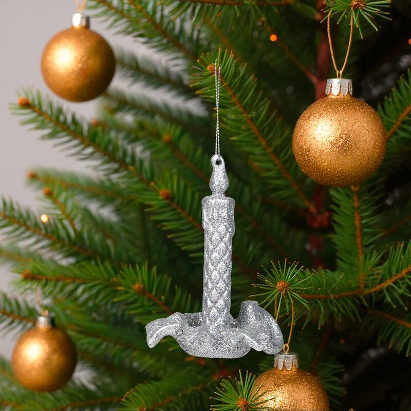 Glitter Drenched Candlestick Christmas Ornaments - 4" - Silver - Set of 4