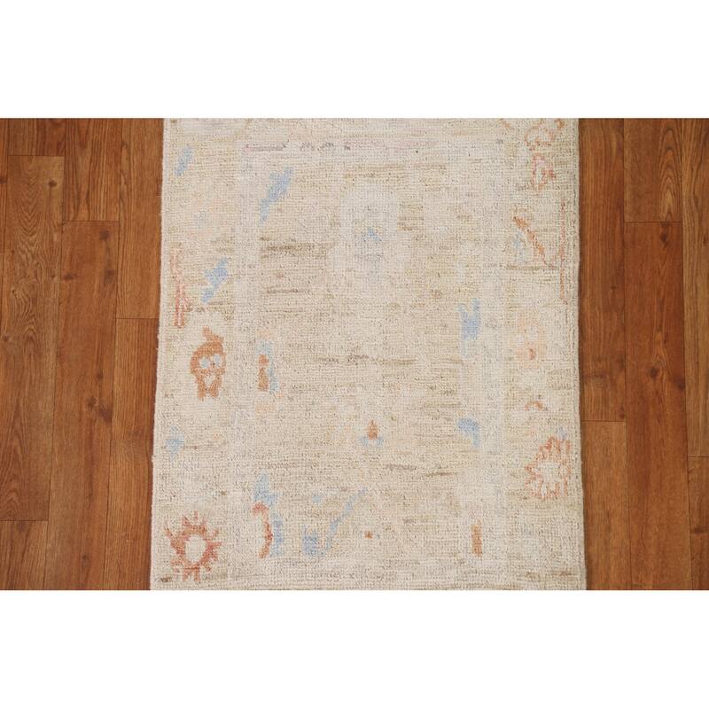 Hand Knotted Oriental 100% Wool Carpet Transitional Geometric Beige & Ivories Oushak Area Rug - 2' 11'' X 2' 0''