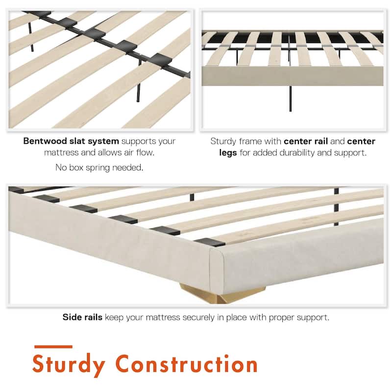 Velvet Upholstered King Size Bed with Gold-Plated Legs