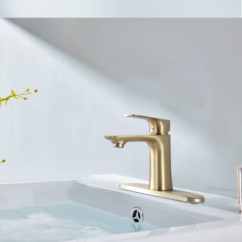 Black/Gold Single Handle Bathroom Sink Faucet Single Hole with Deck Plate - Brushed Gold