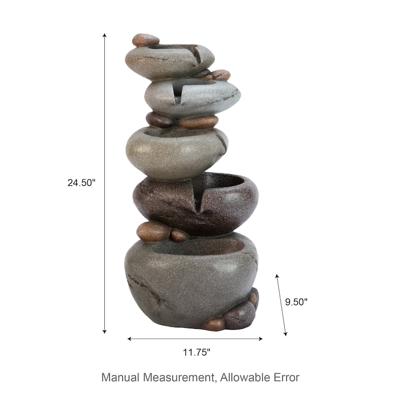 Glitzhome 24.5"H 5-Tiered Zen Style Stacked Pebbles Polyresin Outdoor Fountain with Pump and LED Light