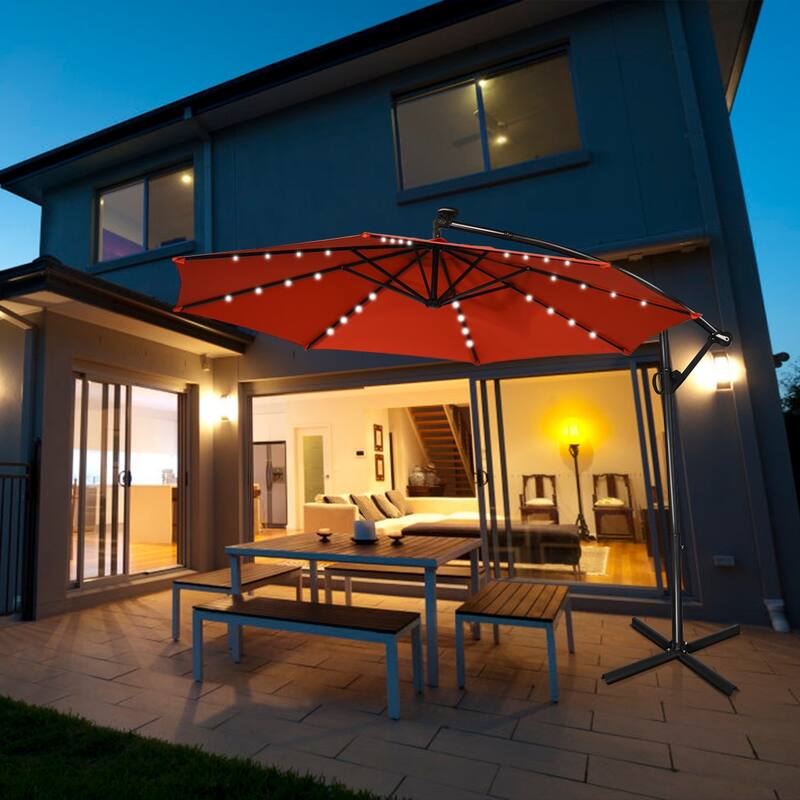Costway 10FT Patio Offset Umbrella Solar Powered LED 360degrees