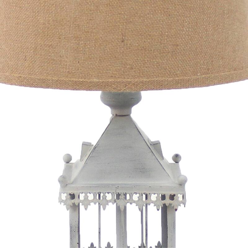 Metal Temple Design Base Table Lamp with Fabric Shade, Beige and Gray