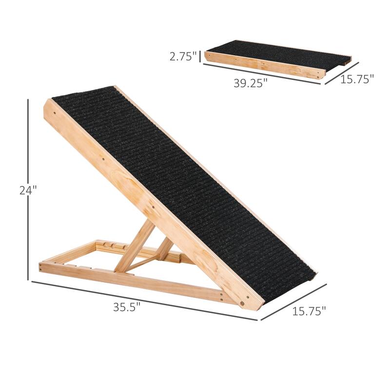 PawHut Pet Ramp Bed Steps for Dogs Cats Foldable Height Adjustable with Non-slip Carpet Pine Wood 35.5"L x 16"W x 24"H Black