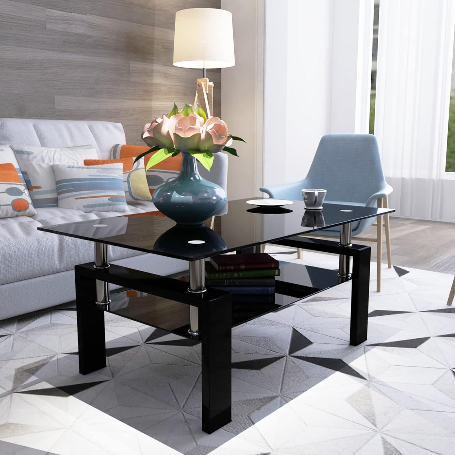 Clear Rectangle Glass Coffee Table for Living Room - Modern Center Table with Black Frame