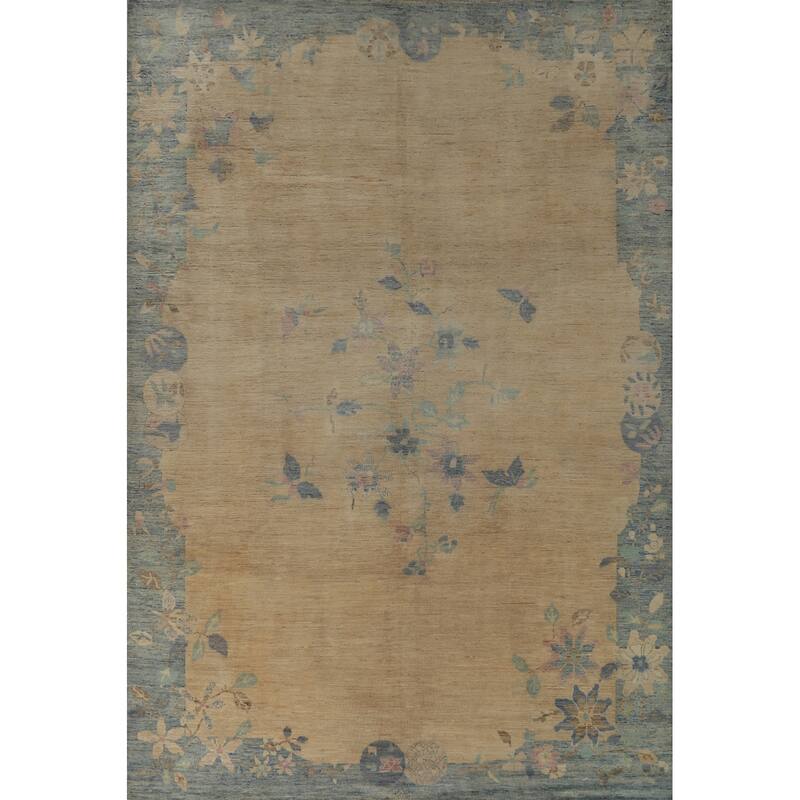Hand Knotted Oriental 100% Wool Carpet Traditional Floral Beige & Ivories Art Deco Area Rug - 13' 5'' X 9' 8''