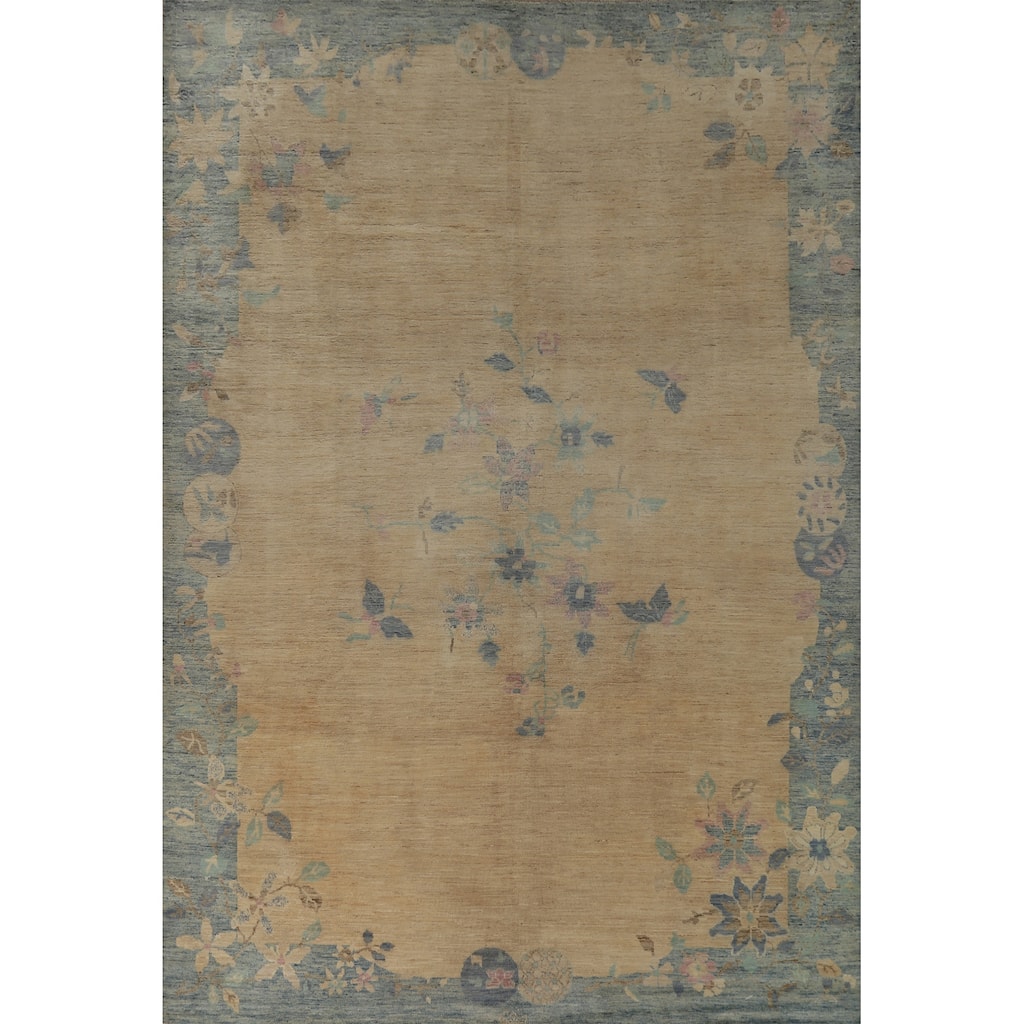 Hand Knotted Oriental 100% Wool Carpet Traditional Floral Beige & Ivories Art Deco Area Rug - 13' 5'' X 9' 8''