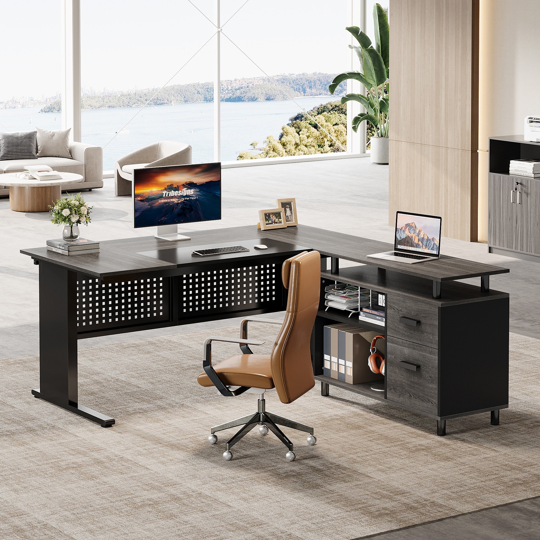 63-Inch L-Shaped Executive Desk with Storage Shelves - Overstock