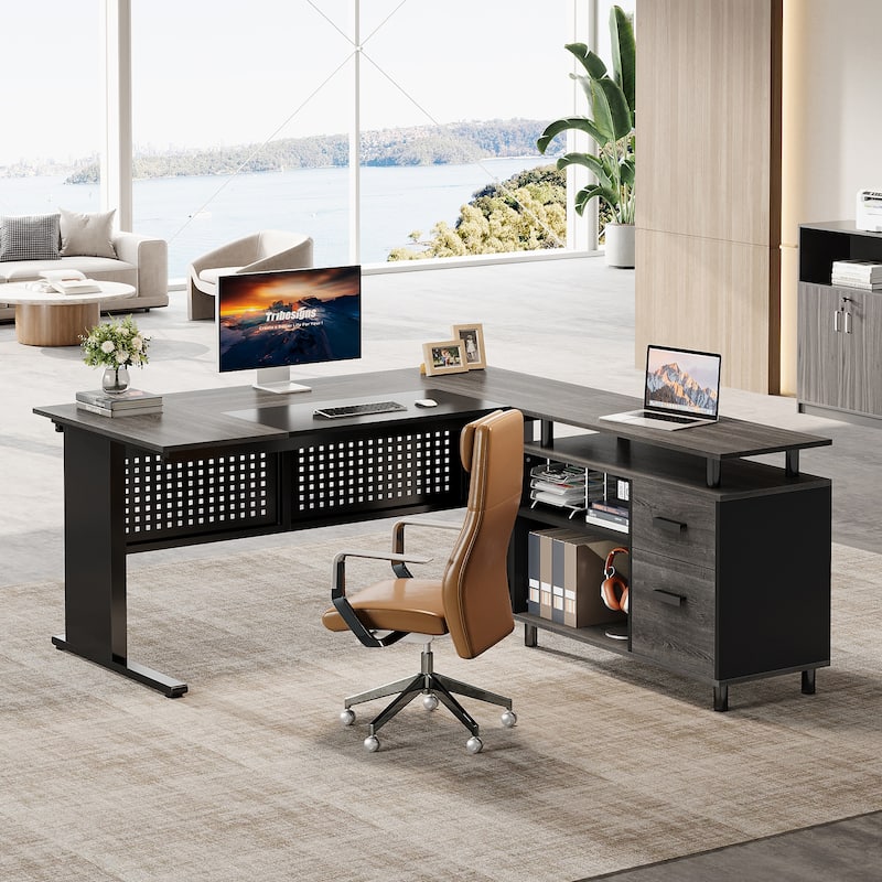63-Inch L-Shaped Executive Desk with Storage Shelves