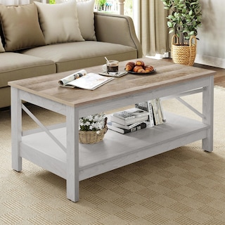 Farmhouse Wood Accent Coffee Table with Large Storage Shelf