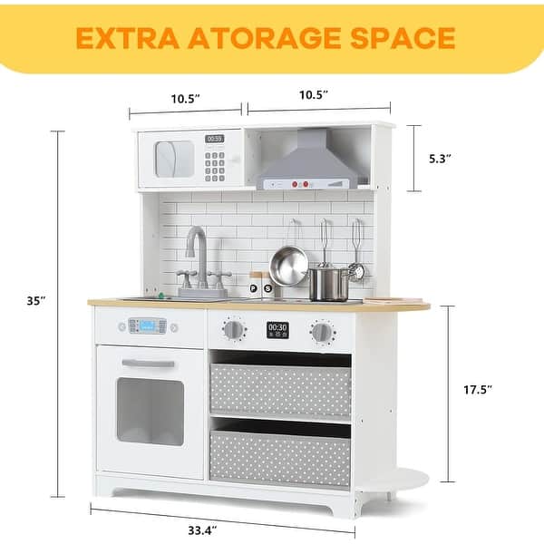 Wooden Play Kitchen for Kids - Innovative Corner Design, Realistic Cooking Sounds - 33.4*35