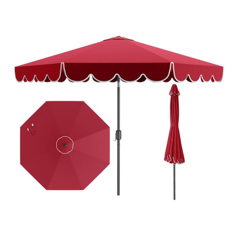 Premium 10 Ft Patio Umbrella with Crank Auto Tilt and Ruffled Edges Sun Protection Waterproof Polyester Canopy - 10 x 8.2 ft - Wine