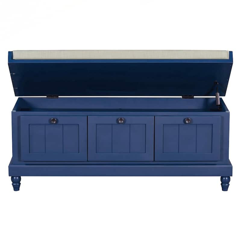 Classic Shoe Bench with Cushion and Three Drawers, Fluted Entryway Bench with Storage for Living Room, Entryway, and Hallways