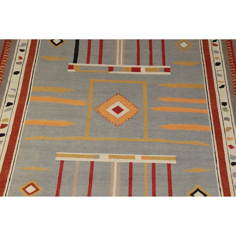 Hand Knotted Oriental 100% Wool Carpet Modern Geometric Greys & Charcoal Gabbeh Area Rug - 9' 11'' X 8' 1''