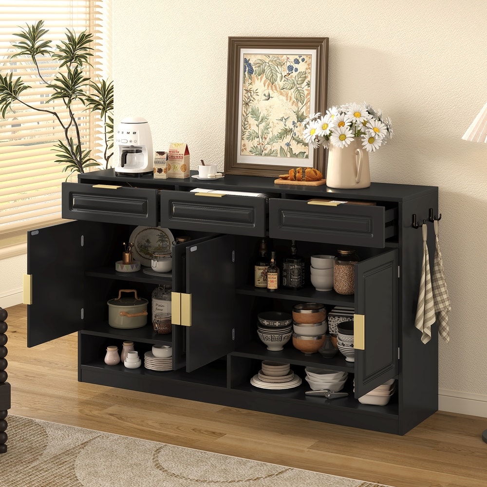Multi-Functional Storage Buffet with 3 Drawers & 4 Doors, Sideboard with Adjustable Shelf and Open Storage Compartments