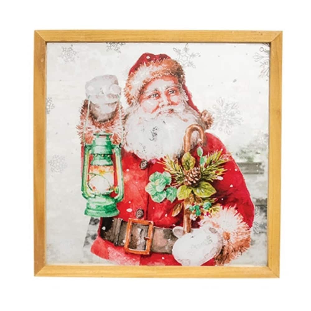 Santa with Lantern Mirror Framed Print Vintage Christmas Wall Art Red Santa Light Wood Frame - 16” high by 16” wide by 1” deep