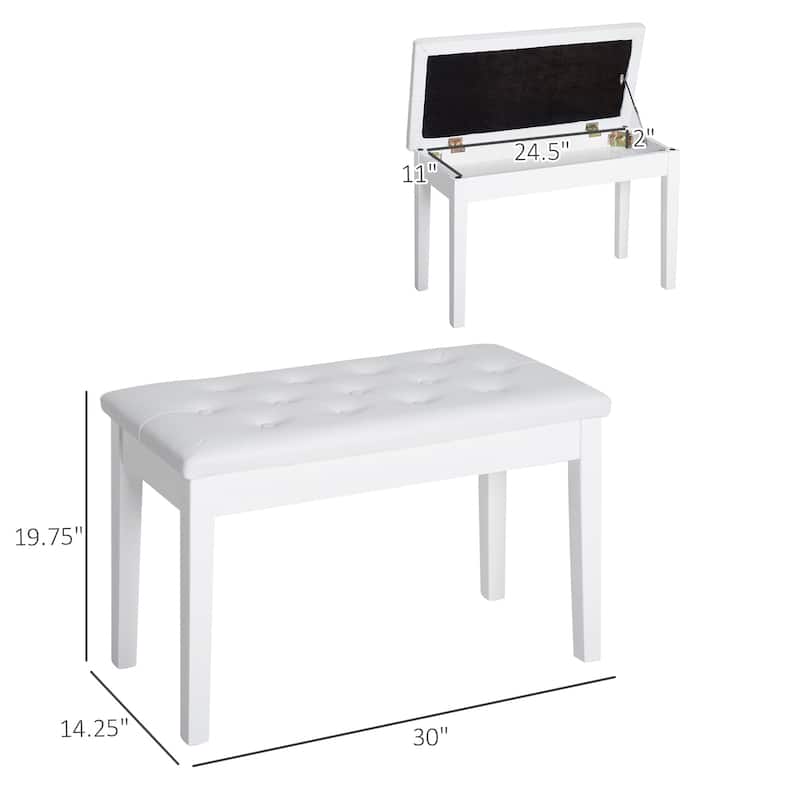 HOMCOM Traditional Country Birchwood Faux Leather Padded 2 Person Piano Bench - White