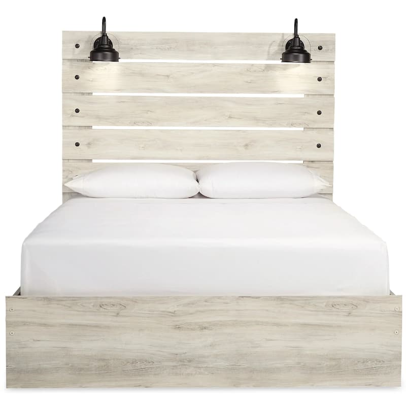 Cemy Queen Size Bed, Open Slat Headboard w 2 Sconce Lights, Whitewash