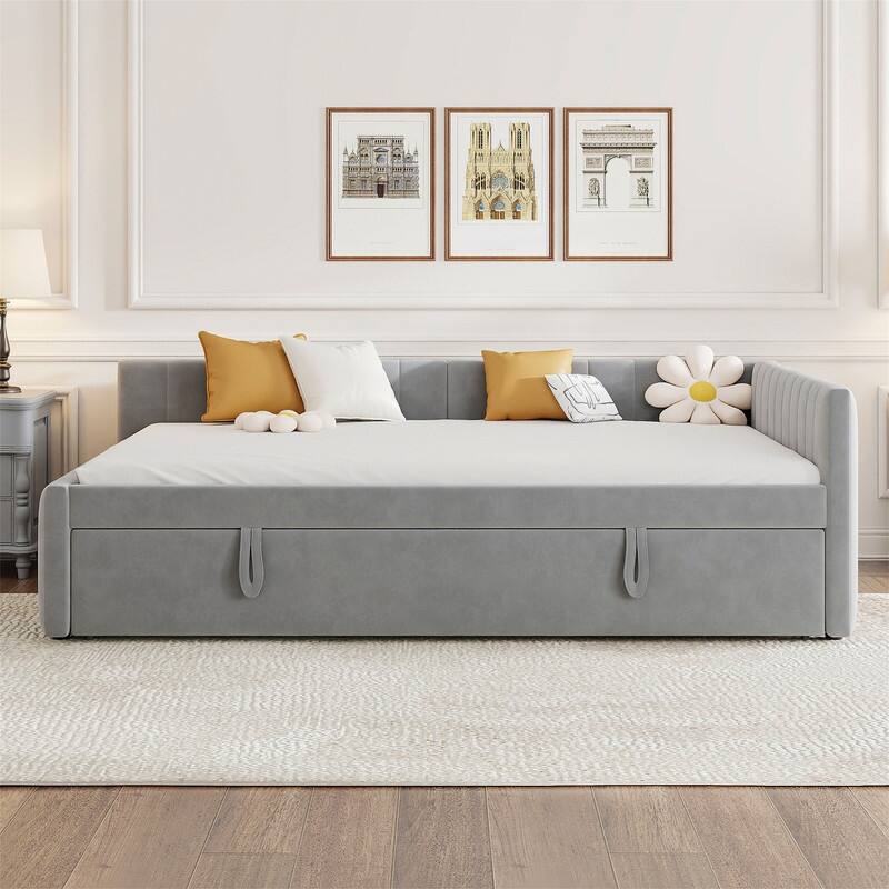 Upholstered Daybed with Twin Size Pop Up Trundle, Full Size Daybed Frame Sofa Bed with L-Shaped Backrest and Striped Design