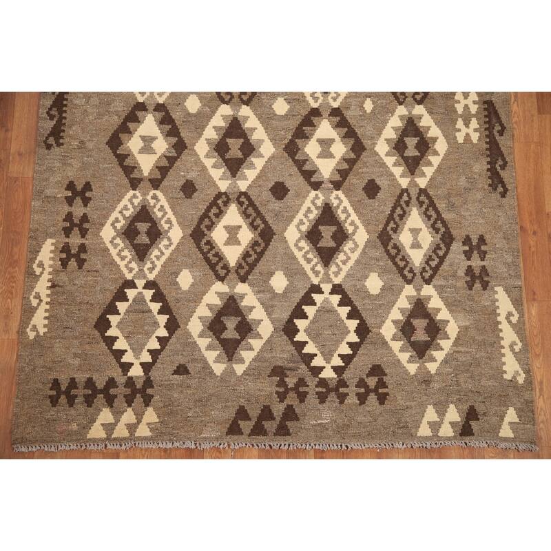 Hand Woven Oriental 100% Wool Carpet Southwestern Geometric Brown Kilim Area Rug - 6' 8'' X 5' 2''