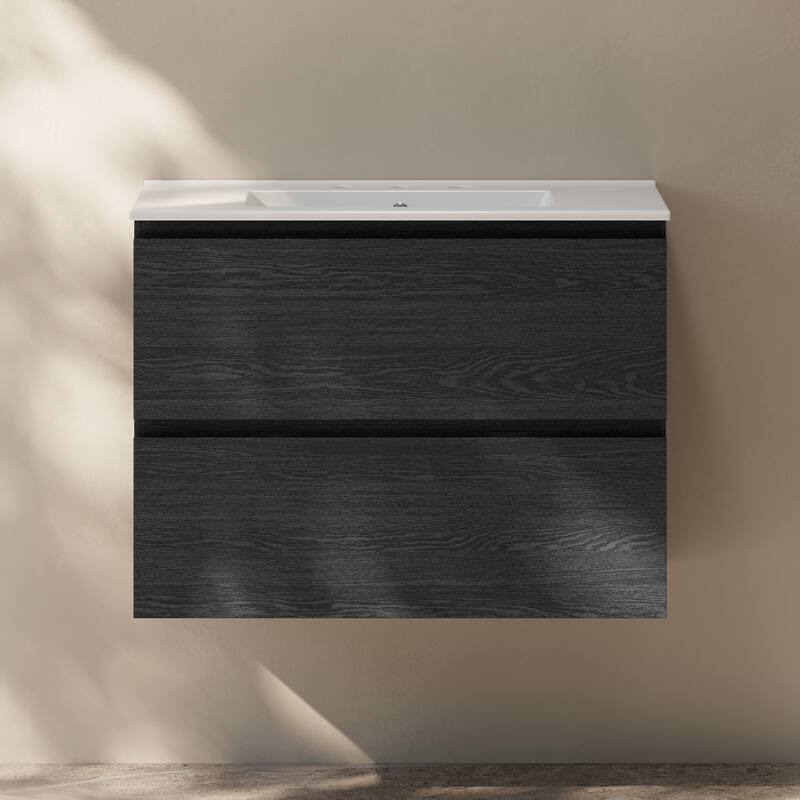 Liberte 30" Wall-Mounted Bathroom Vanity In Black Oak With 3-Hole Widespread Sink Top - 30