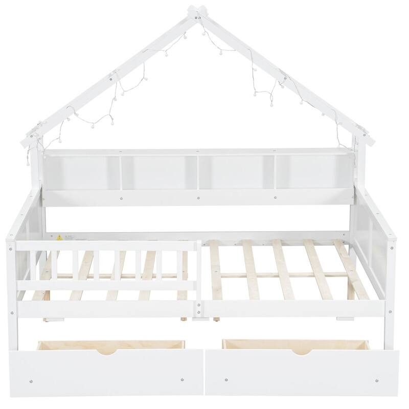 Full Size Wood House Platform Beds with LED, Storage Shelves, Drawers and Guardrail
