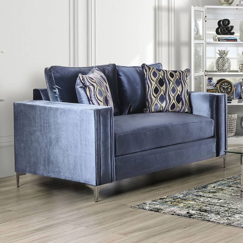 Microfiber And Wooden Love Seat in Satin Blue